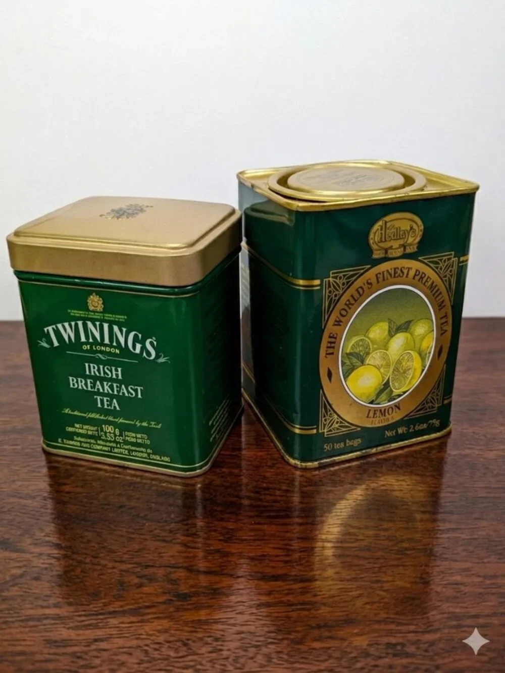 Vintage British Tea Metal Tins Collection 2pc Green & Gold Farmhouse Kitchen